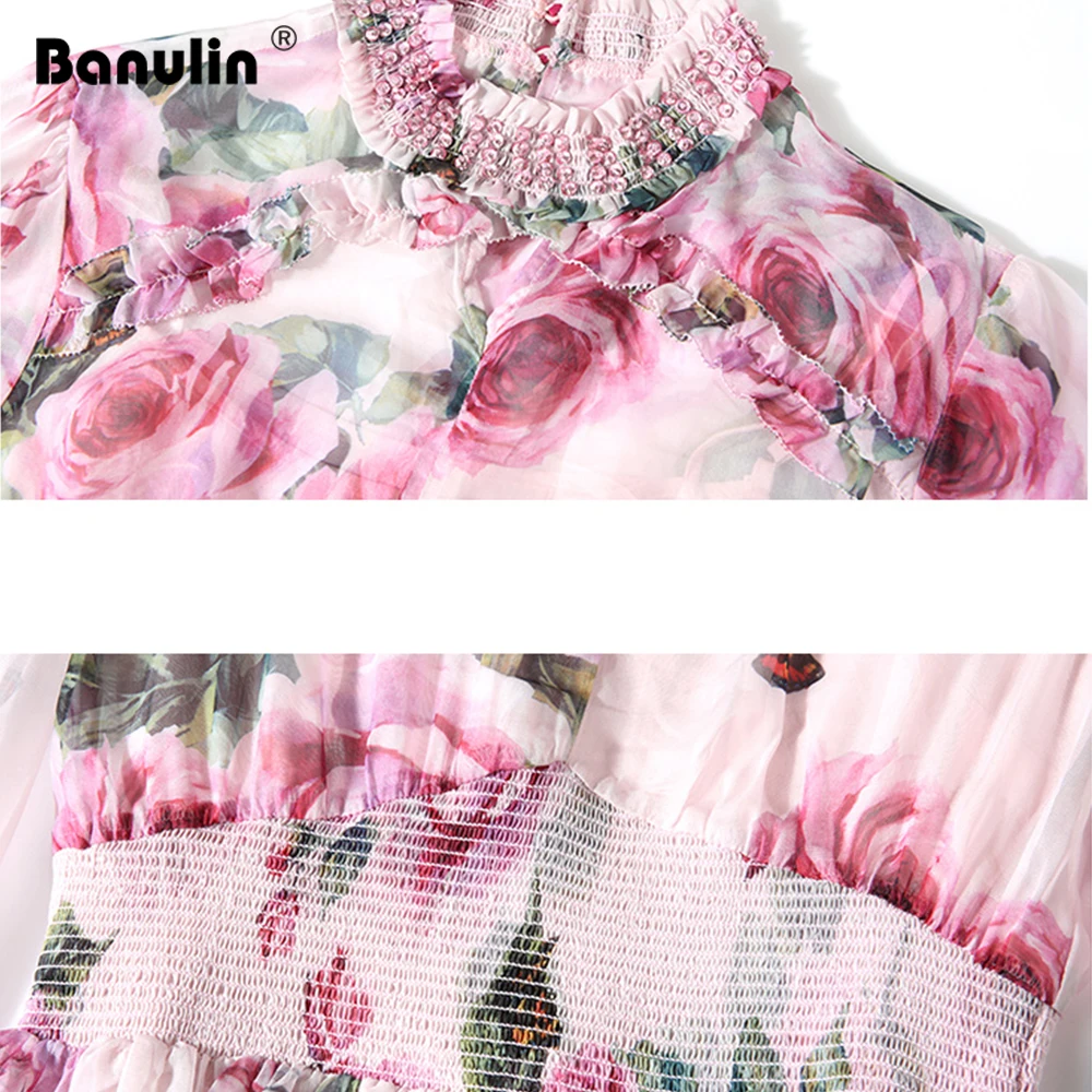 

2020 Runway Floral Boho Chiffon Long Dress Women Stand Collar Beading Lantern Sleeve Red Rose Print Elegant Holiday Beach Dress