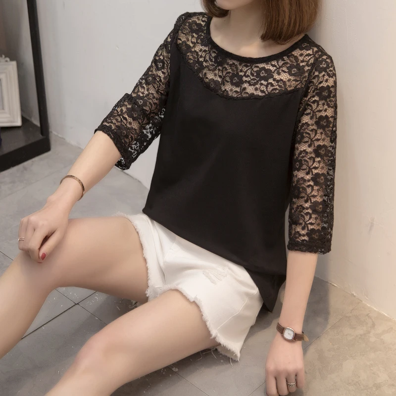 

Nkandby Plus Size Women Summer T-sirts 2021 Fashion Lace Patchwork Half Sleeve Black T Shirt Tops Feminine Oversize Clothing