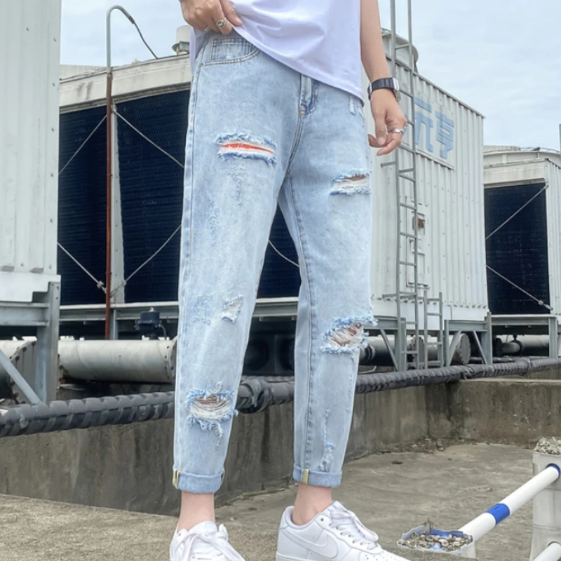 

Summer Hole Jeans Men Loose Leisure Vintage Frayed Denim Trousers Ulzzang Streetwear Retro High Street Teens All-match Stylish