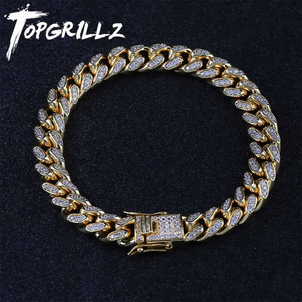

TOPGRILLZ 10mm Miami Cuban Chain Bracelet Copper Gold Silver Color Iced Out Micro Pave CZ Bracelets Hip Hop Men's Jewelry Gifts