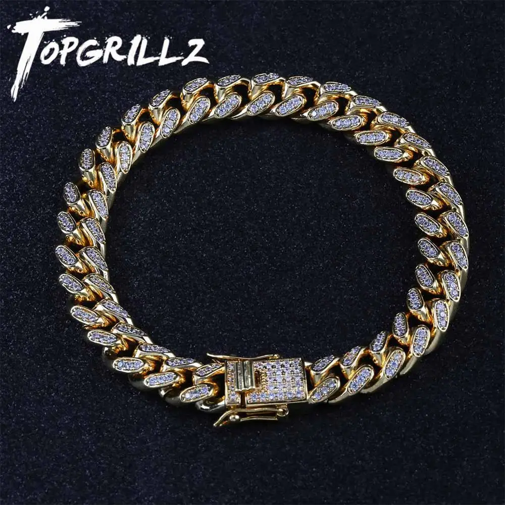 

TOPGRILLZ 10 мм Майами кубинская цепочка браслет медный Золотой Серебряный Цвет ледяной из микро закрепки CZ браслеты Хип-хоп мужские ювелирные и...