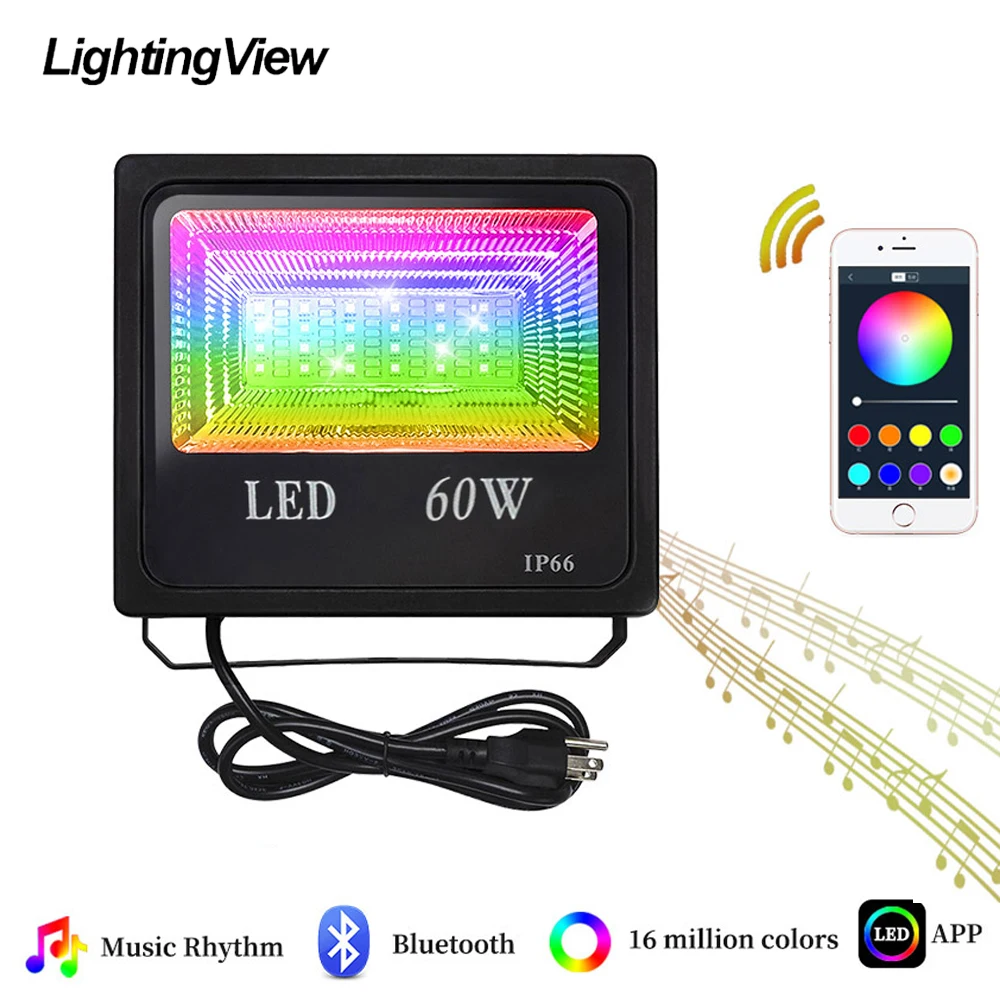 Luz de Inundação Bluetooth Controle Led Projectores 16 Milhões Cores Grupo Cronometragem Paisagem Parede Luz 60w Rgb 4.0 App 1 Luzes e Iluminação