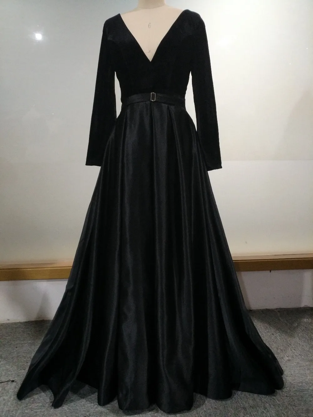 Вечернее платье с длинными рукавами и глубоким v-образным вырезом; vestido de festa; Сатиновые вечерние платья с велюром; Robe De Soiree; abiye gece elbisesi