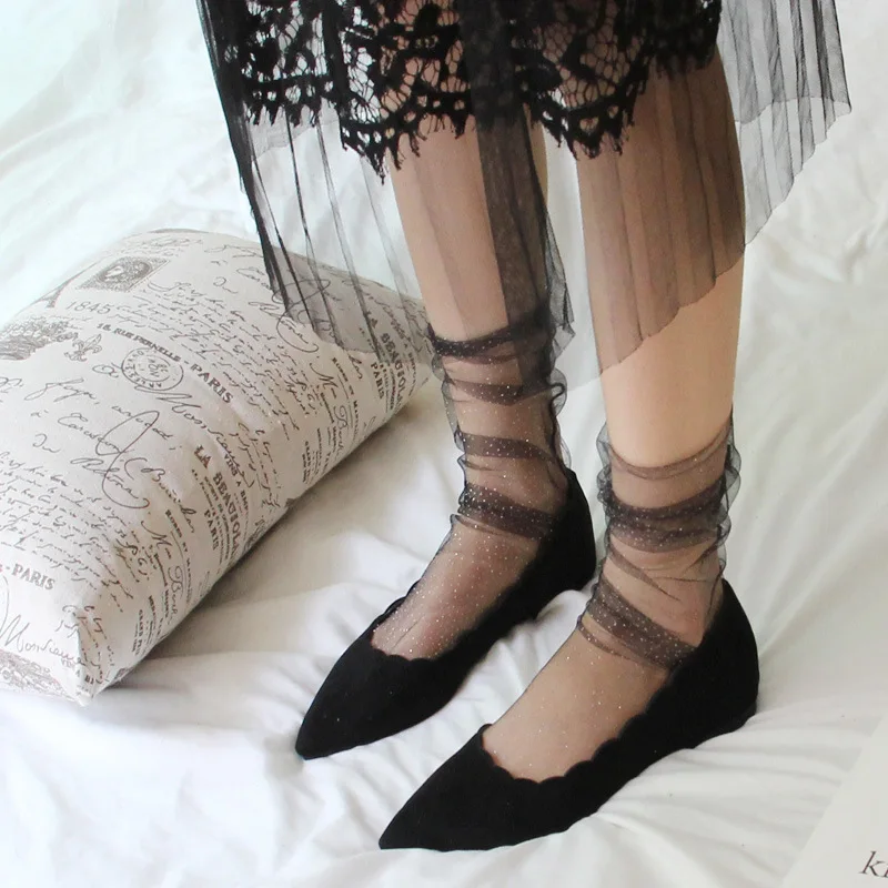 Блестящие сетчатые тюлевые носки женские корейские прозрачные длинные летние