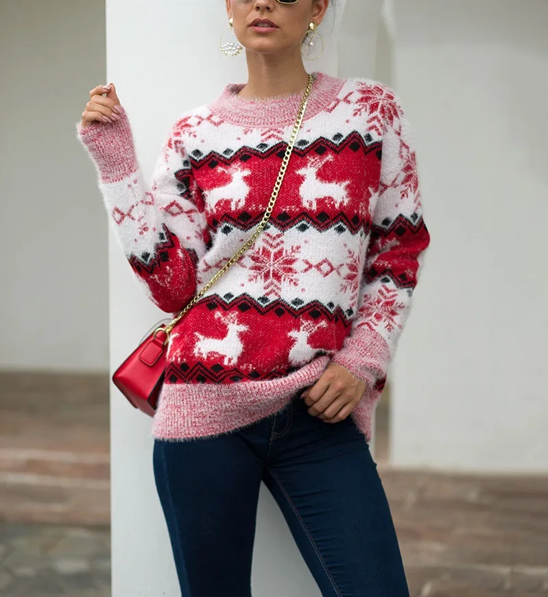 Women Christmas Sweater Long Sleeve ONeck Printed Deer Knitting Tops Pull Femme Nouveaute 2019 Womens Warm Winter Autumn | Женская