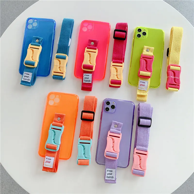

Fluorescent braided wrist strap holder soft phone case for iphone 12 Pro Max Mini X XS Max XR 7 8 Plus SE 2020 11 Silicone cover