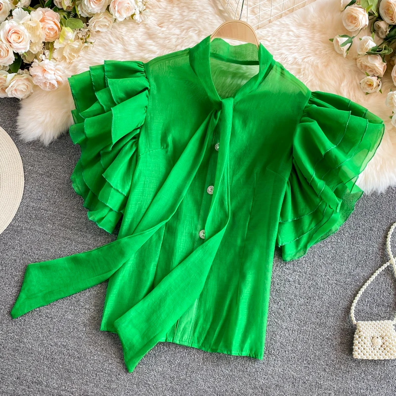 

2022 Summer New Retro Blouse Female Age Reduction Sweet Bow Tie with Lotus Leaf Sleeve Blusa Stitching Shirts GK866