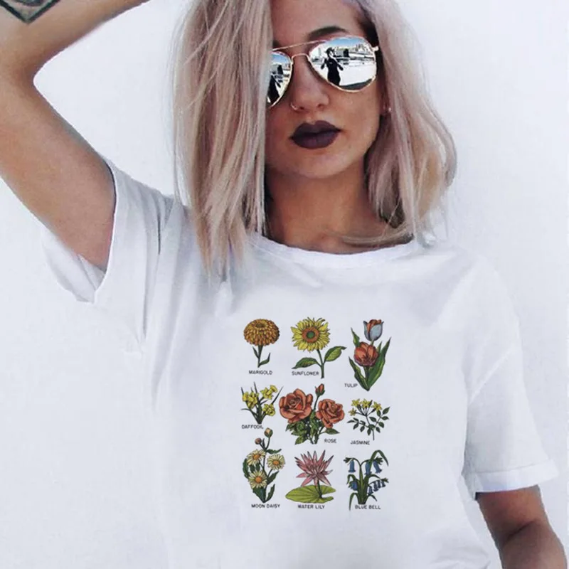 

Wildflower Flower Print T Shirt Women Short Sleeve O Neck Loose Harajuku Tshirt Summer Fashion Women Tee Shirt Tops