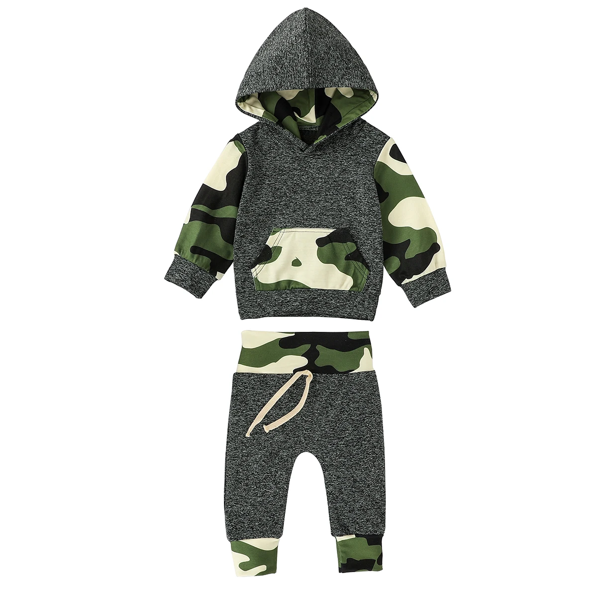 

2 Pcs Newborn Baby Boys Outfits Suit Camouflage Printing Round Neck Big Pocket Long Sleeve Hooded+Lace-up Long Pants Clothes Set