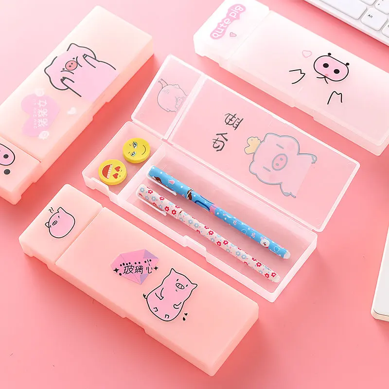 

Piggy Cute Pencil Case Kawaii Stationery Storage Box Plastic Frosted Pencil Box Pen Case for Student School Supplies for Girls