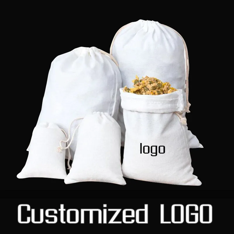 50pcs Customized Print Coloful Logo white beige Linen Cotton Drawstring bag Small Cosmetic Makeup Jewelry Packaging Gift Pouches