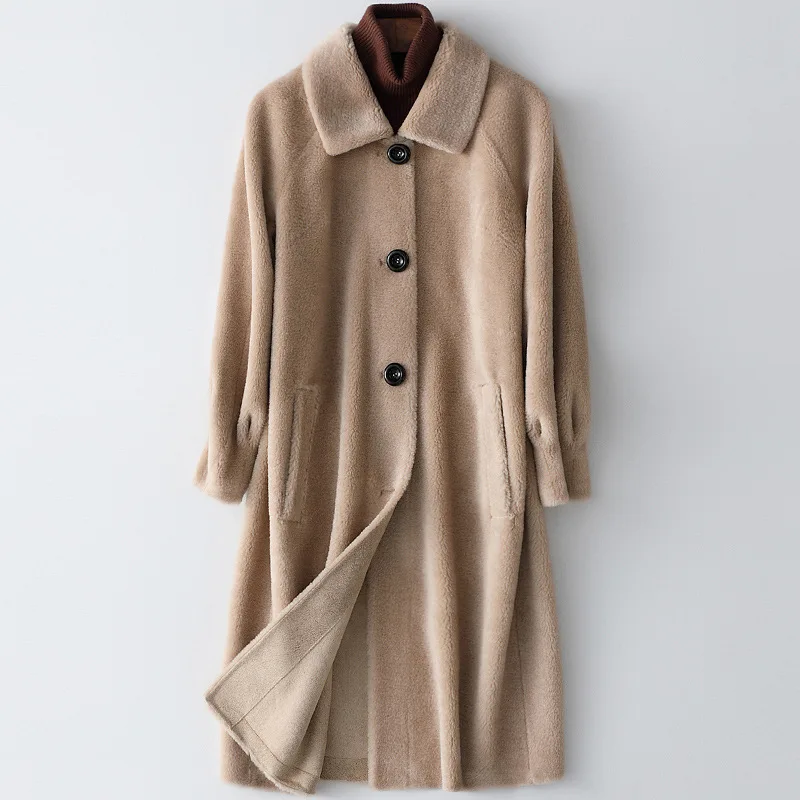 Women Spring New Wool Fur Long Coat Sheepskin Composite Jackets White Navy Blue Lady Office Wool Blends Thick Warm Fur Outwear