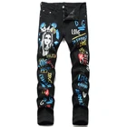 Мужские Новые повседневные облегающие эластичные черные джинсы с принтом, модные трендовые Молодежные брюки со средней талией