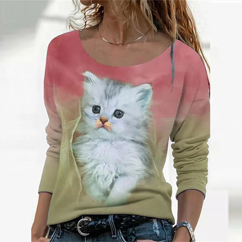 

Women Fashion Elegant Shirt 2021 Autumn Long-sleeved Casual O- Neck 3D Cat Printed Pullover Lady Blouse Vintage Loose Street Top