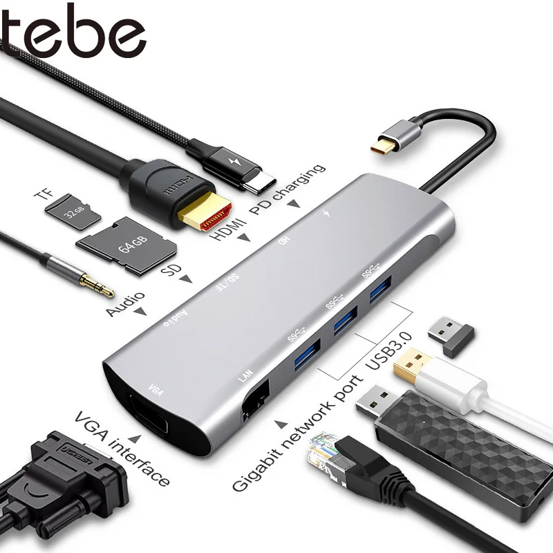 Док станция tebe 10 в 1 USB Type C на HDMI RJ45 Gigabit VGA SD/TF 3 0 PD|Док-станции для ноутбуков| |
