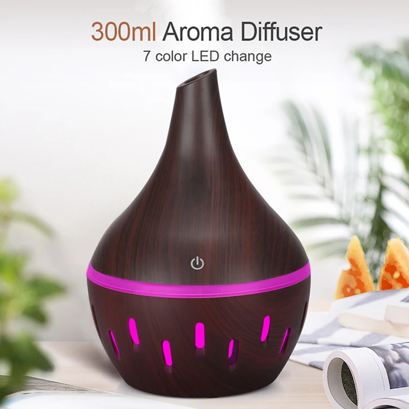 

300ml air humidifier Aromatherapy Essential Oil Diffuser Wood Grain Ultrasonic Cool Mist Diffusers with 7 Color LED Lights