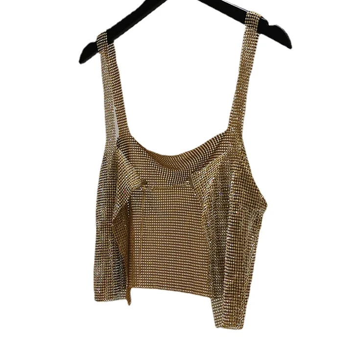 

Rhinestones Tanks Women Bling Bling Shiny Gold Tanks Tops Woman Sexy Backless Gemstones Camis Tops