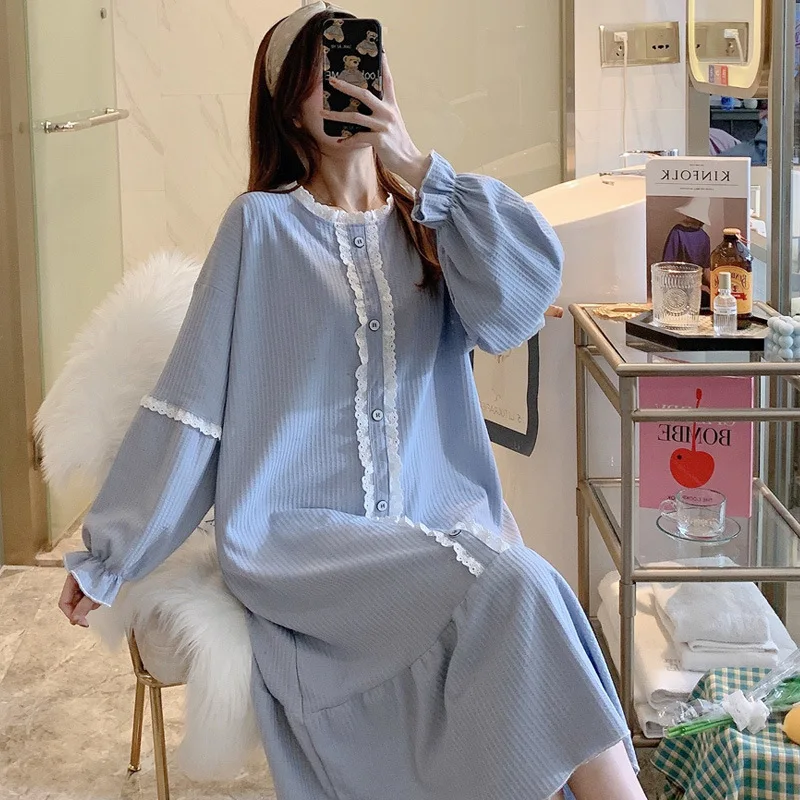 Ночная рубашка женская хлопковая в Корейском стиле повседневный свободный халат