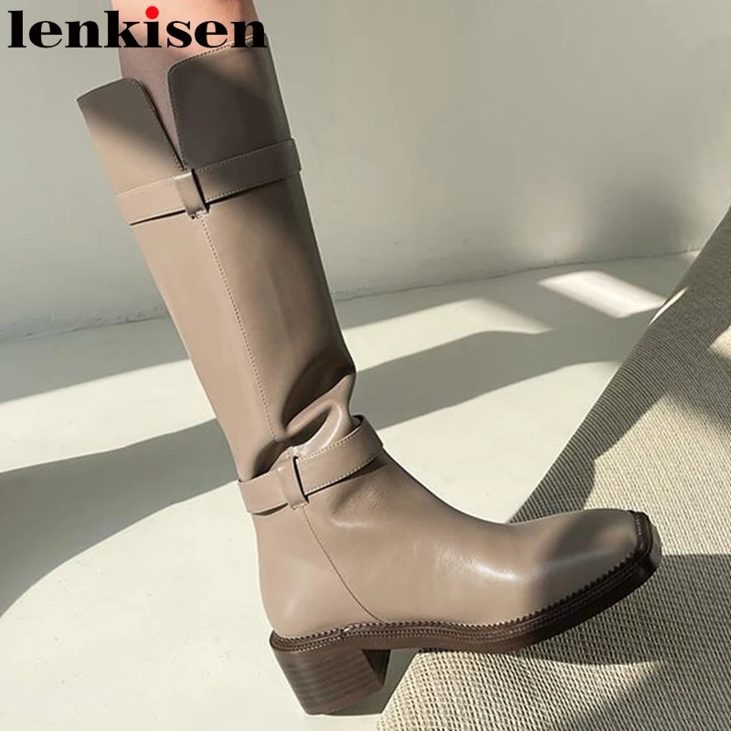 

Lenkisen 2022 design modern boots cow leather concise winter square toe thick med heels belt buckle slip on thigh high boots l81