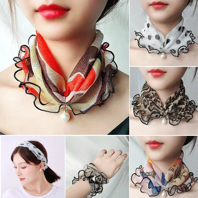 

Fashion Lace Variety Scarf Necklace Creative Fake Pearl Pendant Scarf Chiffon Loop Scarf For Women Clothing Accessories