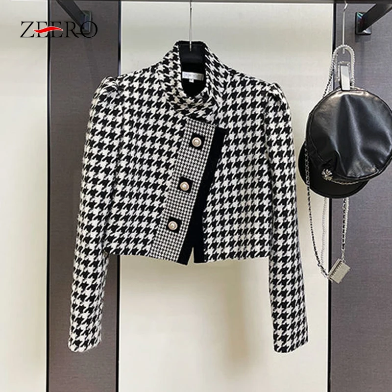 

Luxury Brand Tweed Thousand Bird Lattice Coat Ladies Elegant Fall Winter Asymmetric Leisure Short Woolen Jacket Female Outwear