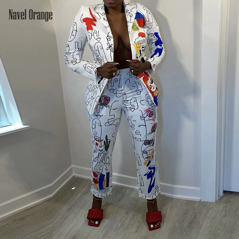 

New Spring Autumn V-Neck Long Sleeve 2PCS Outfit Women Slim Cartoon Printed Ladies Pants Suit High Waist Streetwear Dropshipping