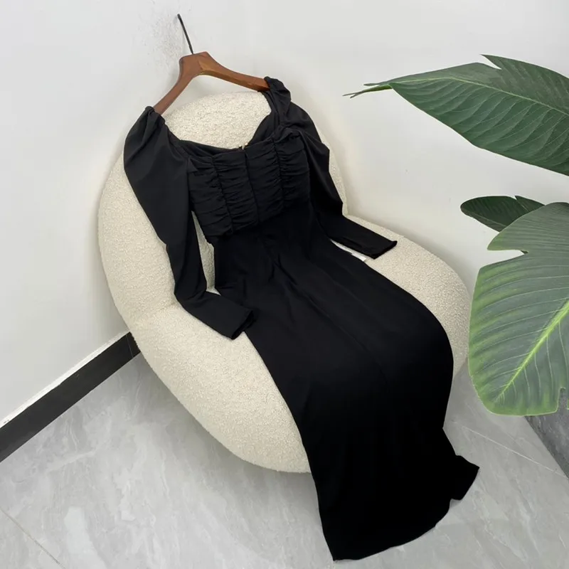 

Pleated Draped Bodycone Women Dresses High Quality 2021 New Autumn Fashion Black Shealth Square Collar Mid-calf