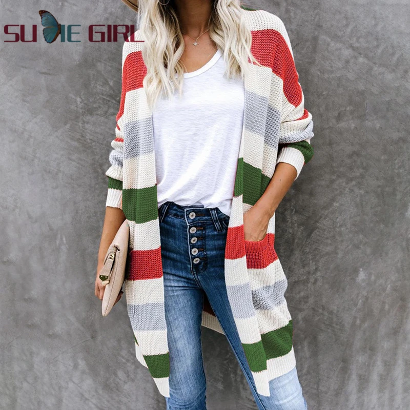 

SUDIE Girl Graceful fashion style striped stitching sweater women's long color matching pocket knit top