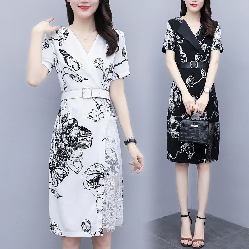 

EHQAXIN Plus Size Women Chiffon Dress Summer Fashion Notched Short Sleeve Lace Patchwork High Quality Elegant Office Dress L-5XL