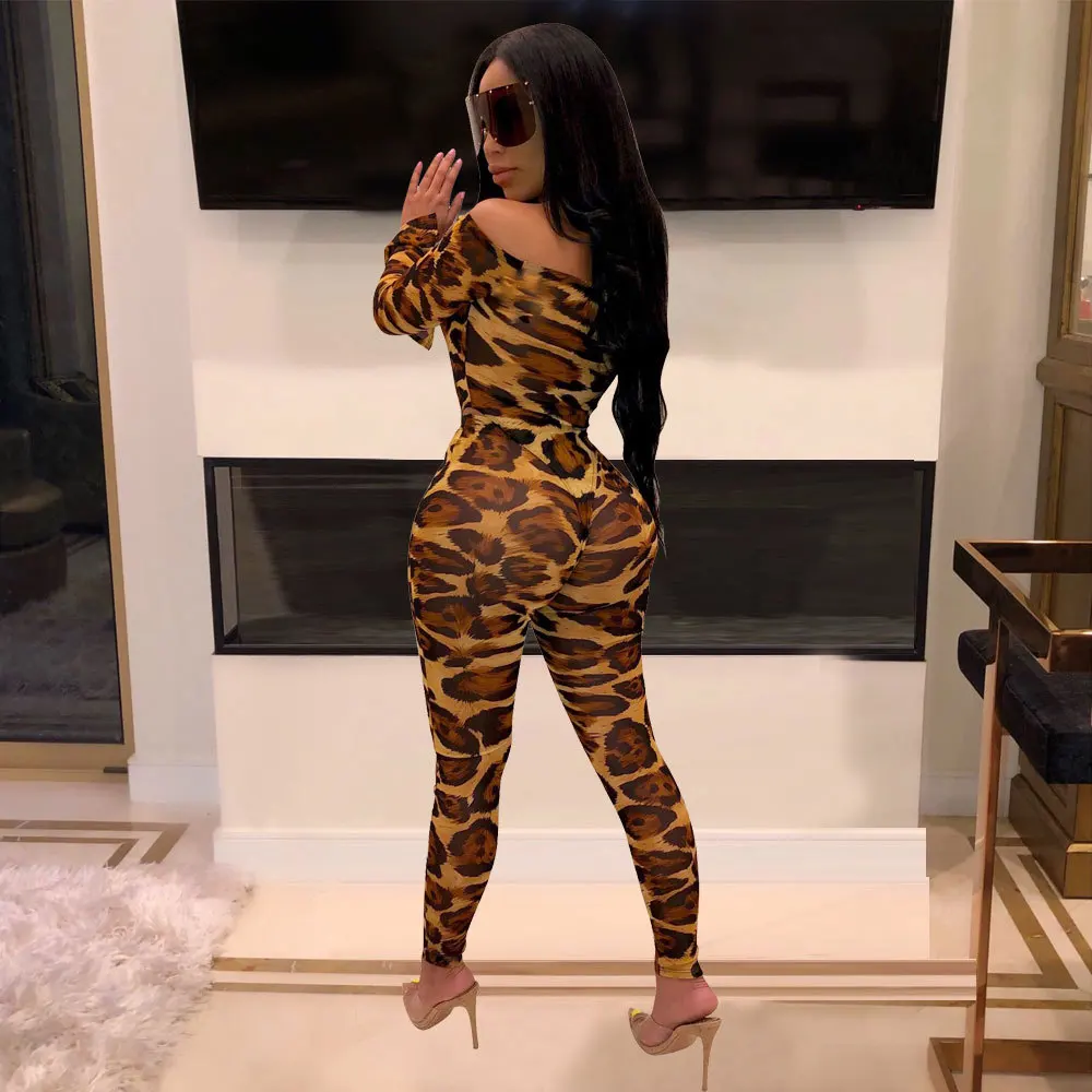 

New Women Set Funny Print Us Dollars Leopard Two Piece Outfits Off The Shoulder Crop Top And Skinny Pants Set