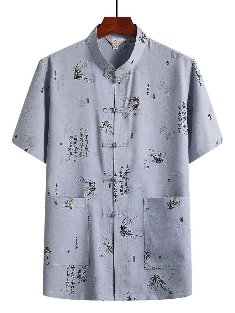 

2021 Men's Cotton and Linen Chinese Style Stand Collar Short Sleeve Printed Shirt Outfit Two Pieces