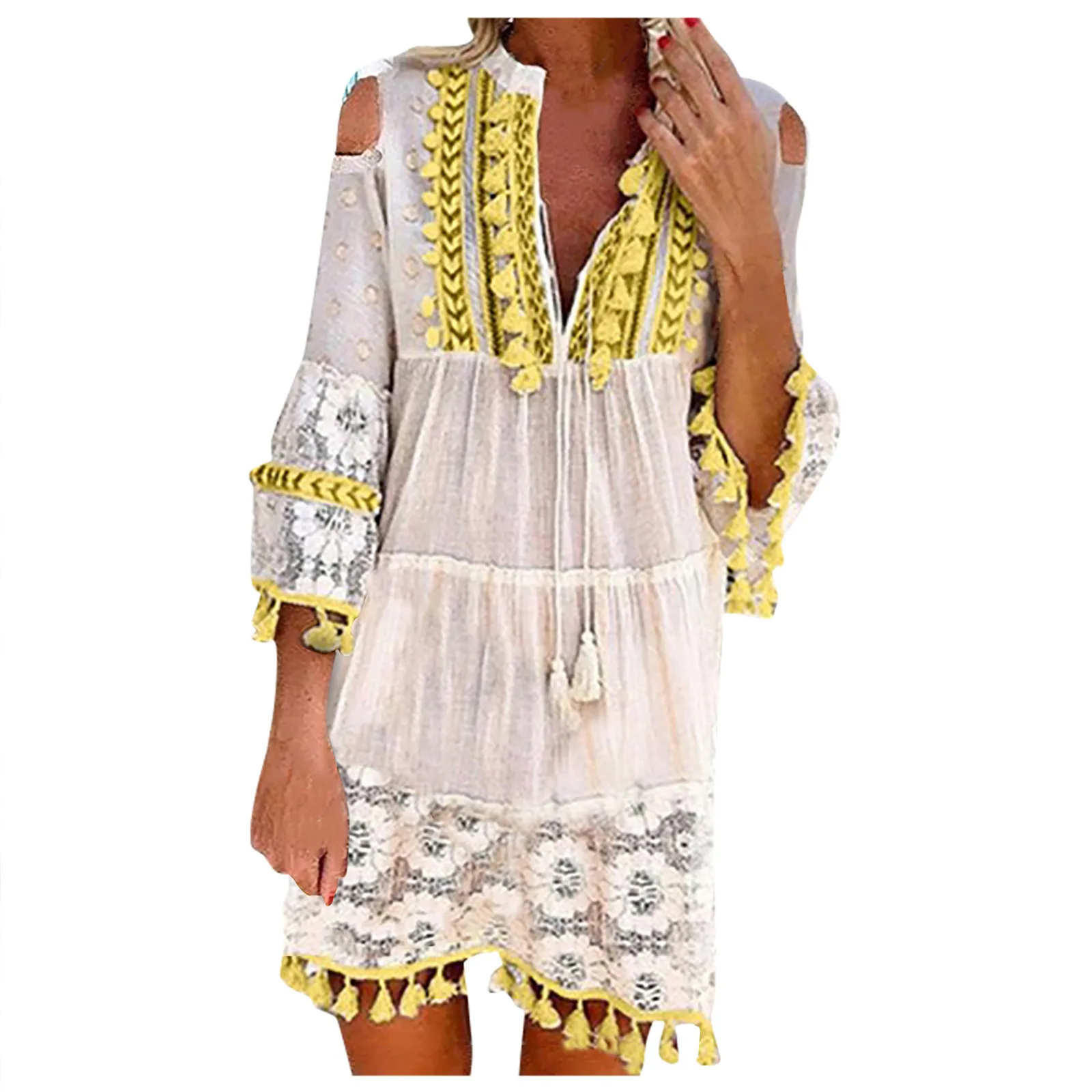

Women Fashion Casual Sexy Lace Quarter Sleeve Ruffles Tassels V-Neck Dress Sexy Casual Loose Thin Beach Party Dress Plus Size