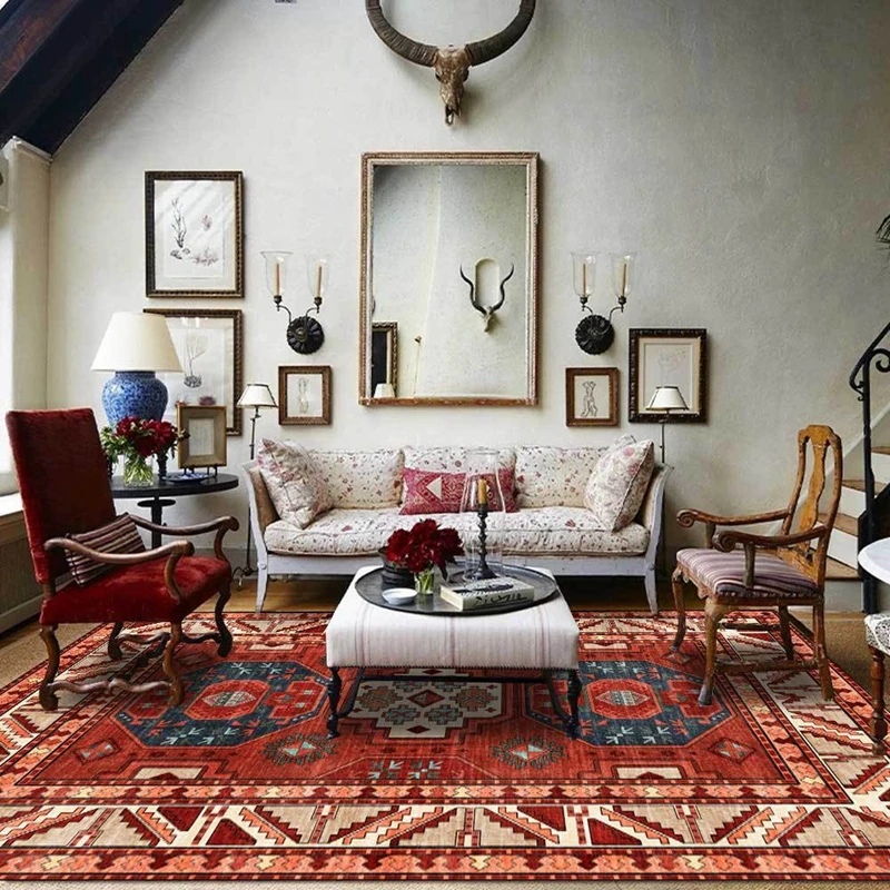 

Ethnic Style Hallway Carpets Retro Elegant Geometric Flowers Printed Tapete Bedroom Bedside Kitchen Bathroom Anti-Slip Door Mat