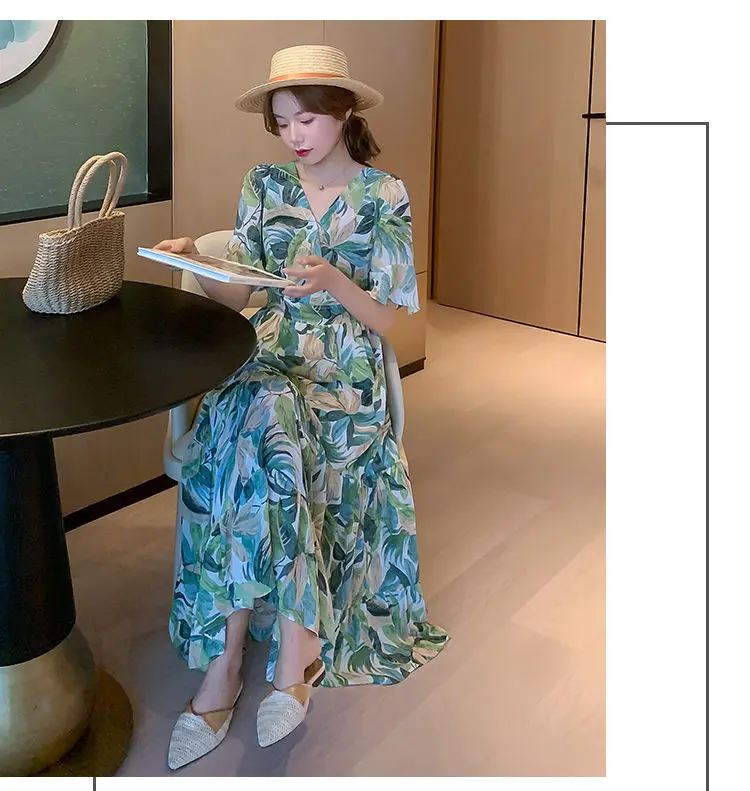 

Bohemian Dress Lady French Style Short Sleeve V-neck Maxi Dress Summer Socialite High Waist Slimming Large Hem Temperament Dress