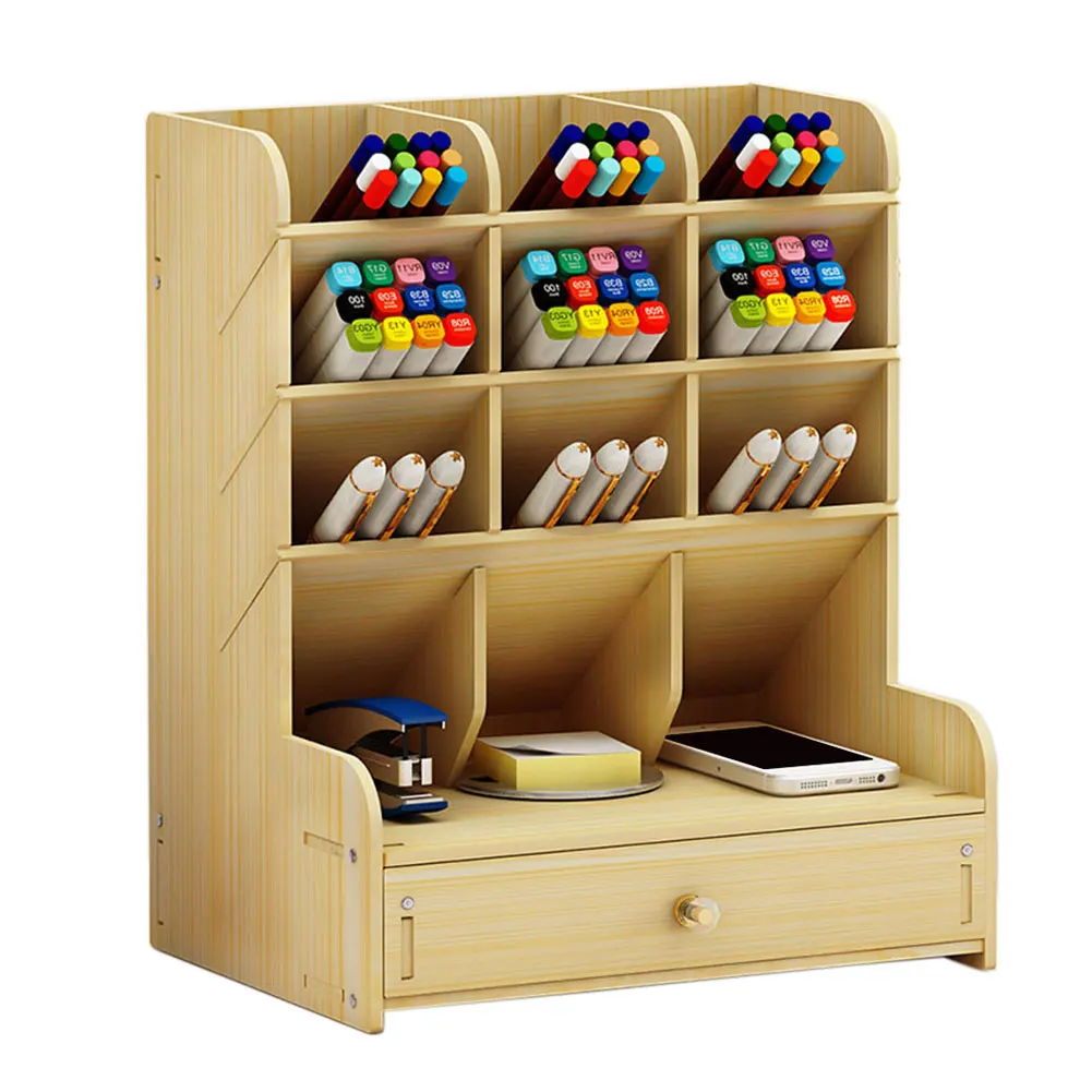 

With Drawer Save Space Desk Organizer Wooden Pen Holder DIY Stationery Storage Office Supplies Home Multifunction Large Capacity