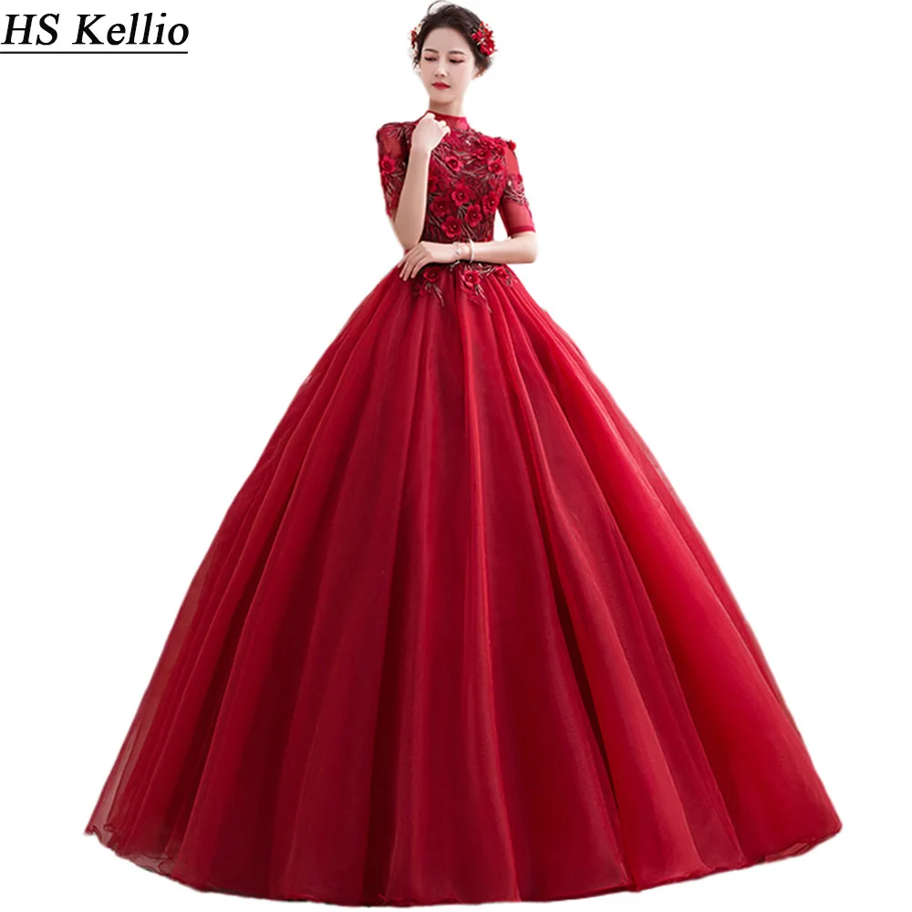 

HS Kellio Бальные платья Бургундия Высокий воротник красивые кружева аппликация Тюль Выпускные платья