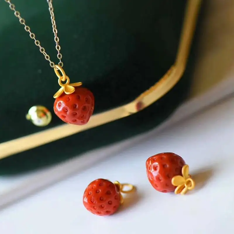 

Original South Red Necklace Strawberry Pendant Cute Sweet S925 Silver Clavicle Chain Green Leaf Earrings Female Birthday Present