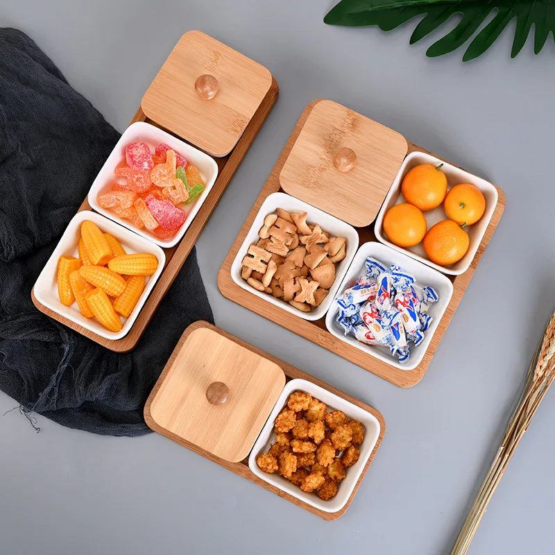 

Rectangle Ceramic Bamboo Storage Tray With Lid Dry Fruit Dessert Dish Removable Multi Grid Plate Candy Dried Snack Foods Tray