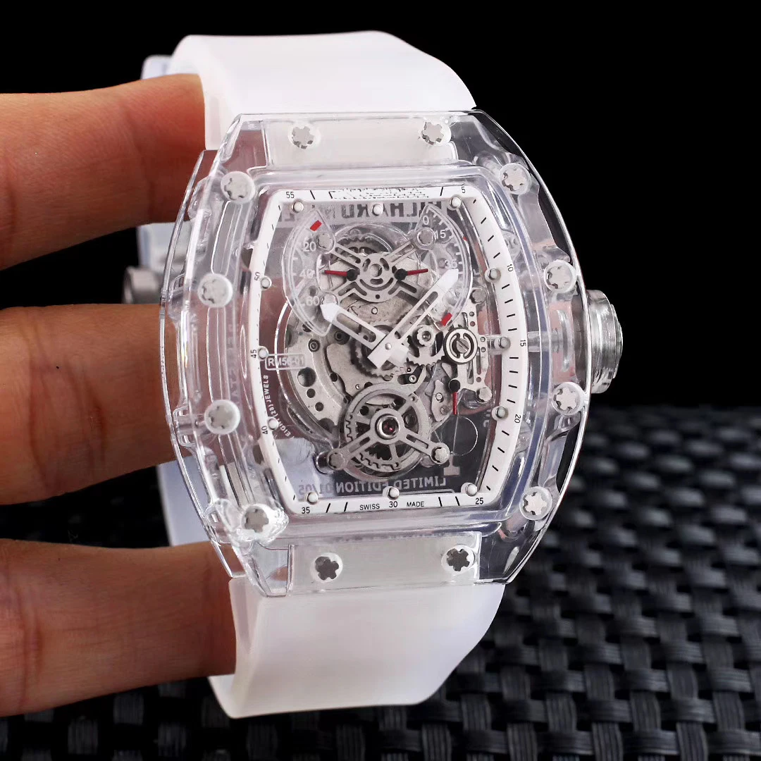 

Luxury Brand New Mens White Black Plastic Skeleton Dial Tourbillion Watch Automatic Mechanical Sapphire Glass Back Watches
