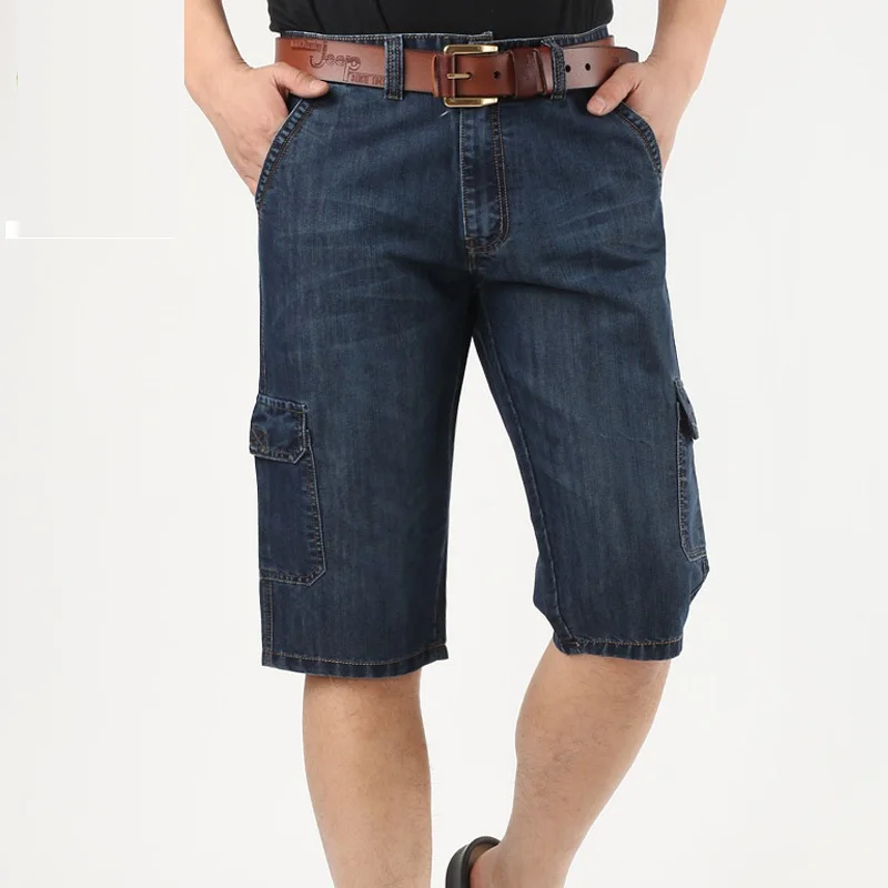 

ICPANS Denim Jeans for Men High Waist Straight Loose Multi-pocket Casual Cargo Shorts Men 2020 Summer Knee Length Size 40 42