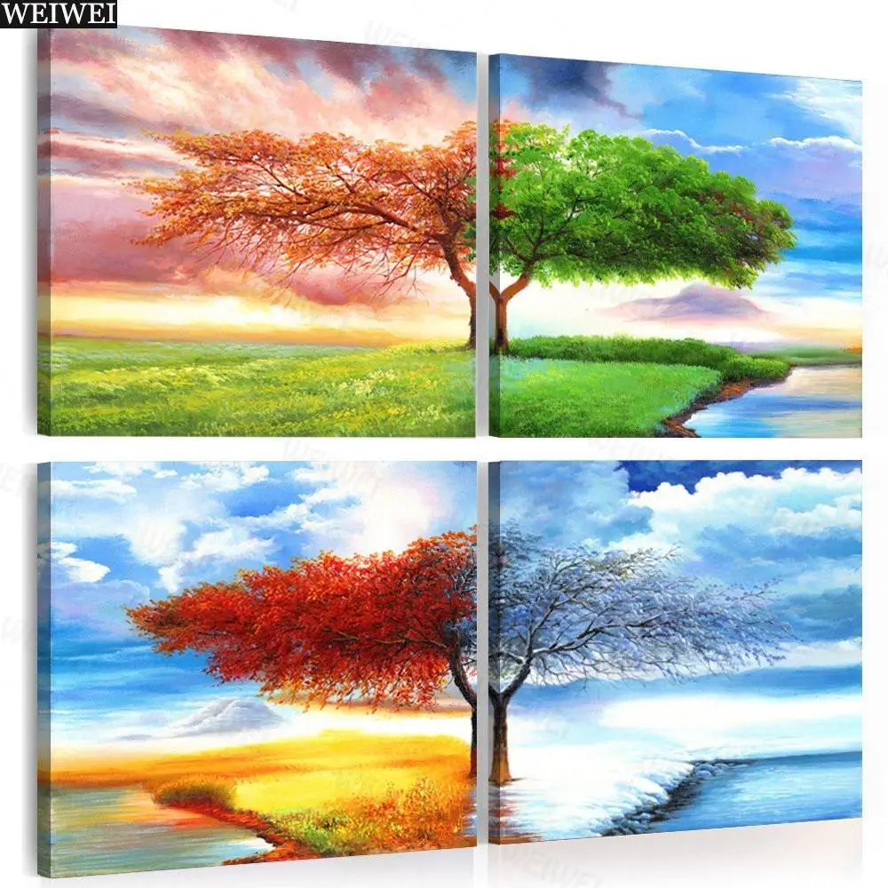 

Embelish 4 Panels Wall Art Posters Four Seasons Trees Landscape Pictures Home Decor Hd Canvas Painting for Living Room