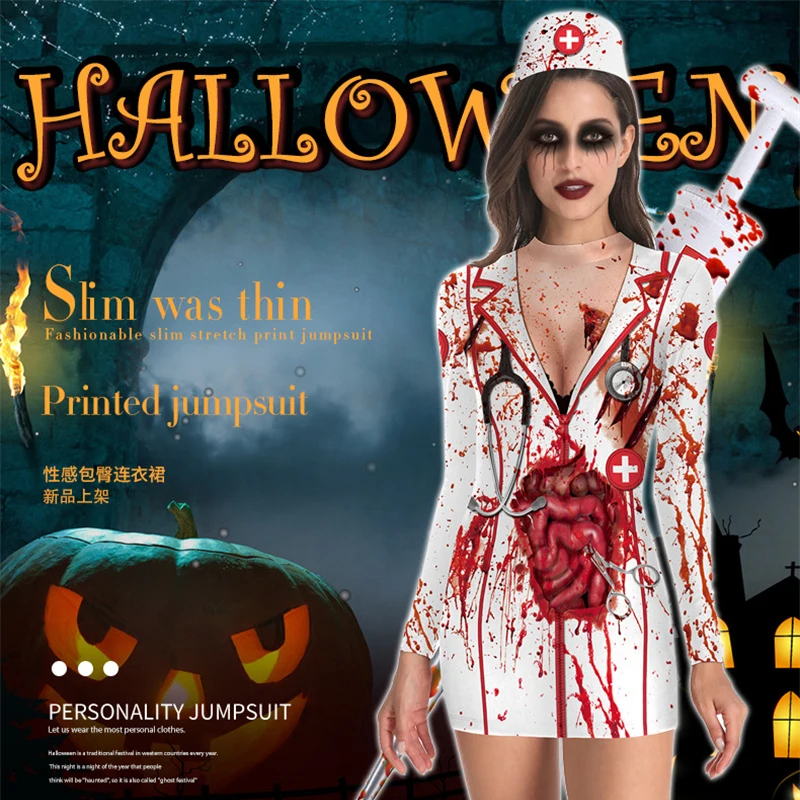 Disfraz de enfermera sangrienta de Horror para mujer, vestido sexi con cuello en V para fiesta de Carnaval y Halloween, novedad de 2022