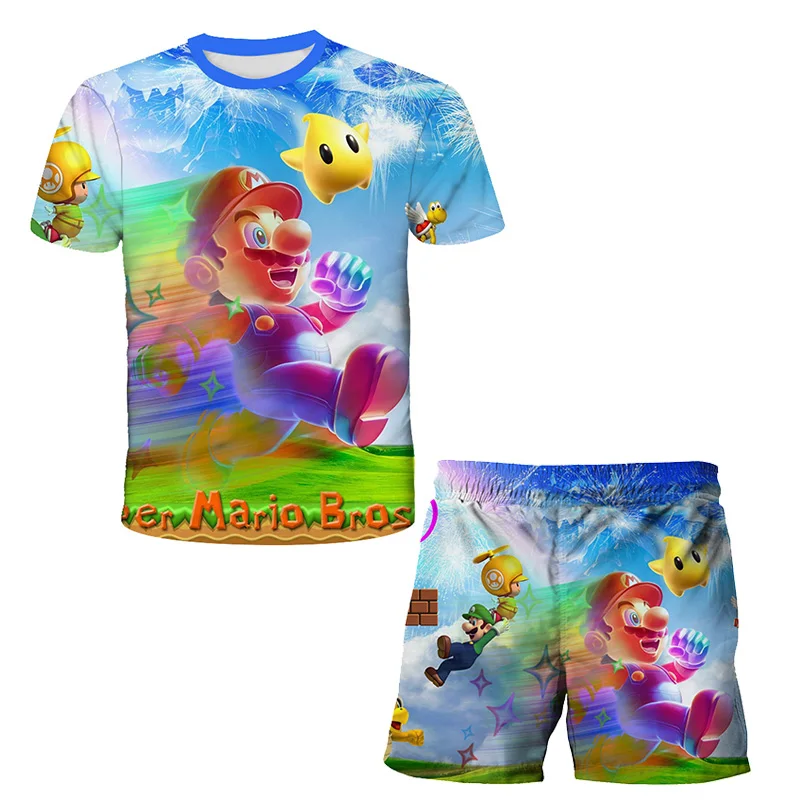 

Summer fashion 2021 and funny Cartoon Mario short Sleeve Sweatshirt +short Pants Baby Girl Clothes Boy With a 4-14YT-shirt