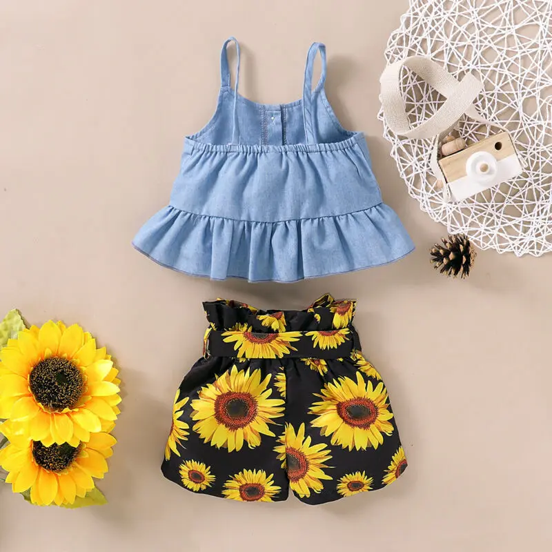 

Toddler Kids Baby Girls Sleeveless Single Breasted Vest Tops Sunflower Bow Shorts Outfits Set Clothes
