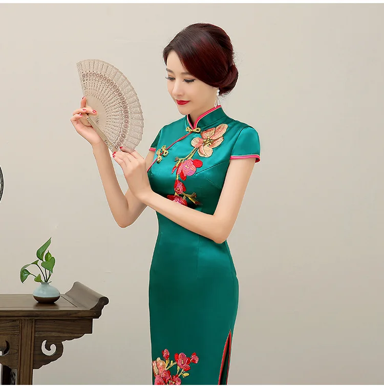 Light Blue Womens Short Sleeve Dress Long Cheongsam Oriental Wedding Party Qipao Chinese Style Elegant Gown Clothes Vestido |