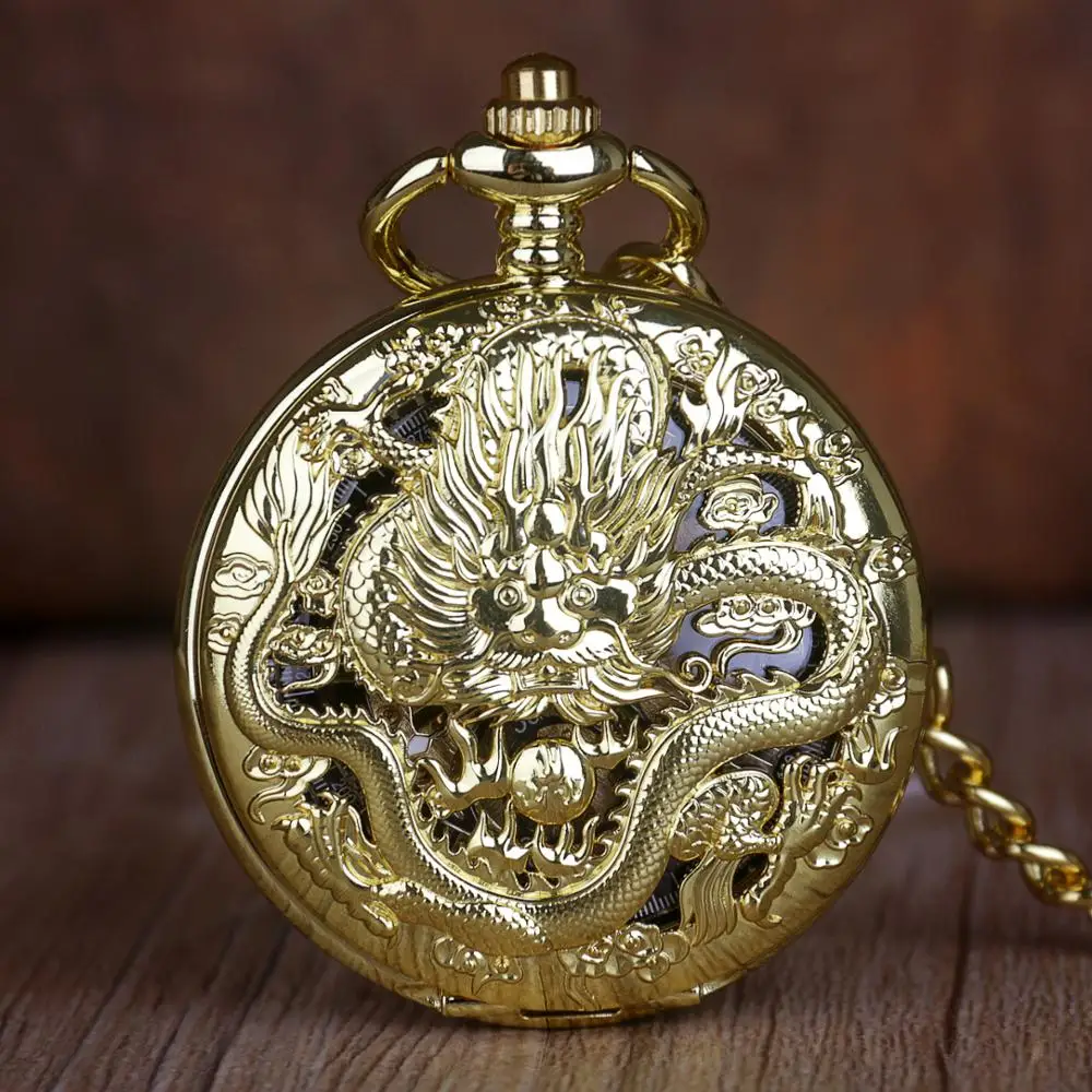 Luxury Gold Bullish Dragon Steampunk Mechanical Pocket Watch Retro Gentleman Necklace Pendant Fashion Accessories Clock
