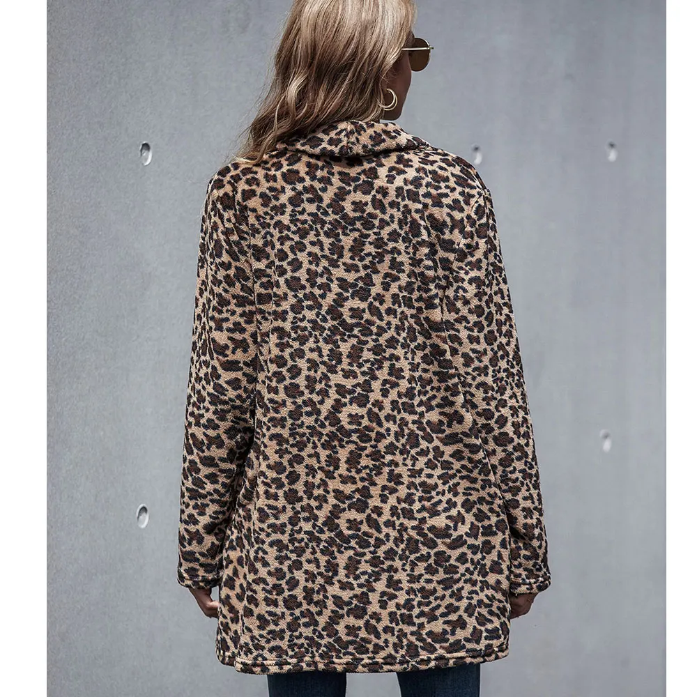 

2020 Autumn Mid Length Leopard Print Faux Fur Coat Women Fashion Lapel Cardigan Warm Jacket Female Plush Winter Plus Size