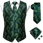 Hi-Tie бирюзовый зеленый цветочный Пейсли Шелковый мужской тонкий жилет галстук набор для костюма платья Свадебный 4 шт. жилет галстук носовой платок Набор Запонок