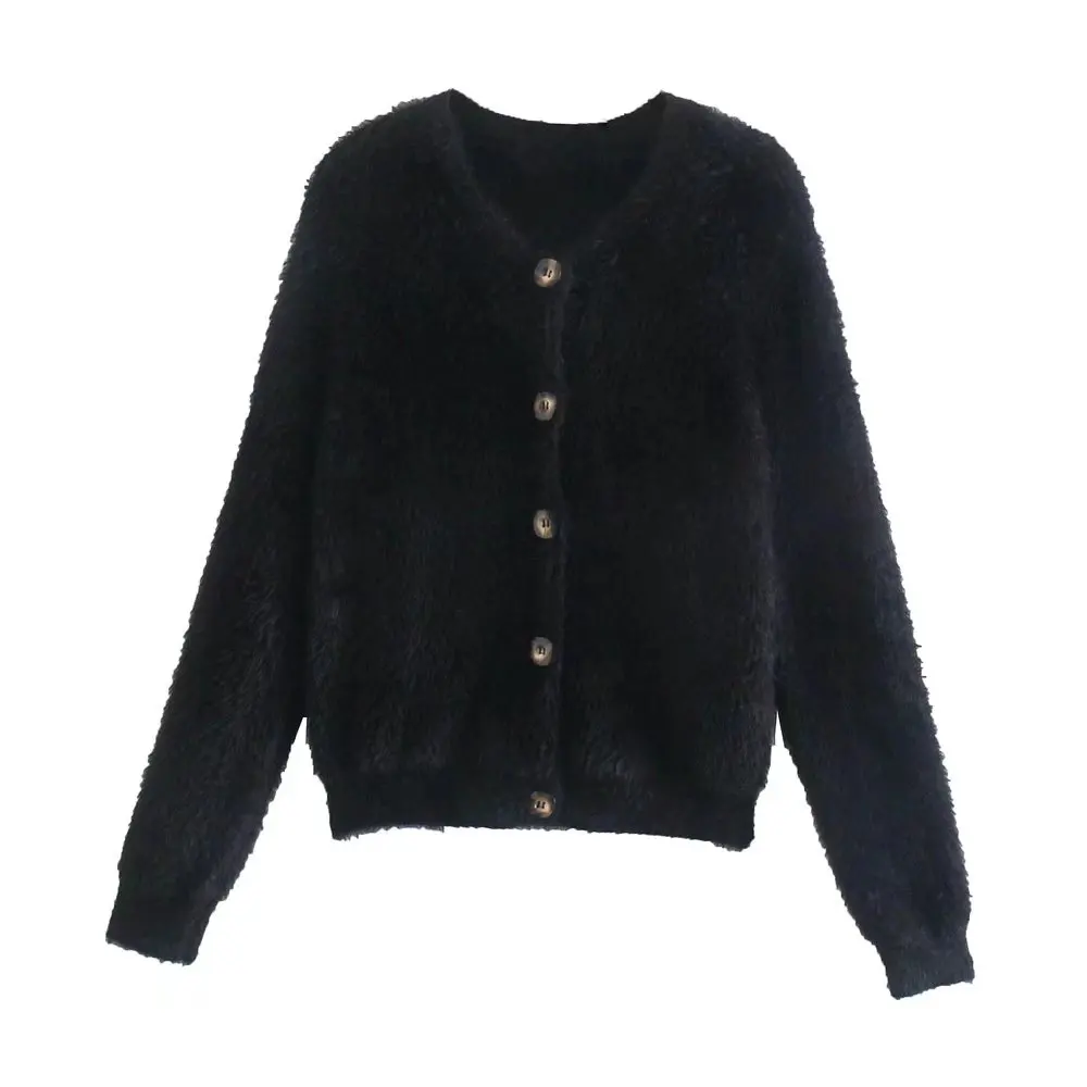 

Koekop Women Fashion Faux Fur Knit Cardigan with Round Neckline Long Sleeves Chic Lady Casual Knitted Sweater Jacket Woman