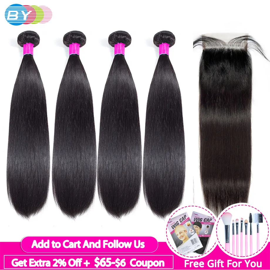 

Straight Bundles With Closure Human Hair 4 Bundles with Closure Swiss Lace Brazilian Hair Weave Bundles Remy Hair Extension BY